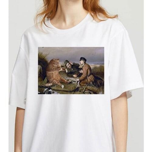 Womens T-shirt Kawaii cat oil painting print T-shirt basic O-neck short-sleeved ladies white graphic girl T-shirt