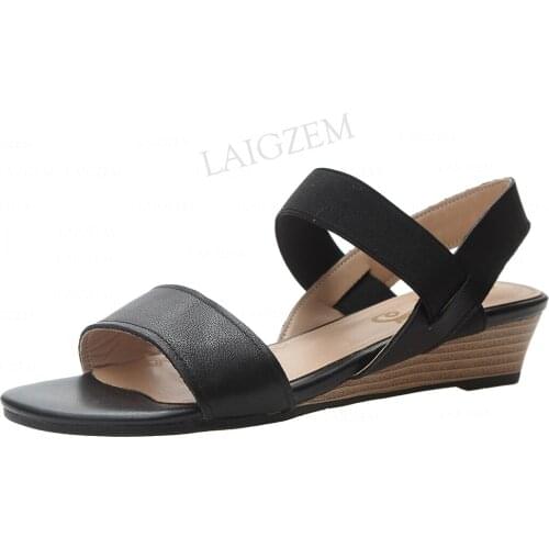 LAIGZEM Women Sandals Geuine Leather 4CM Wedges Heels Sandals Summer Ankle Strap Comfortable Shoes Woman Sandalias Size 33 41 42
