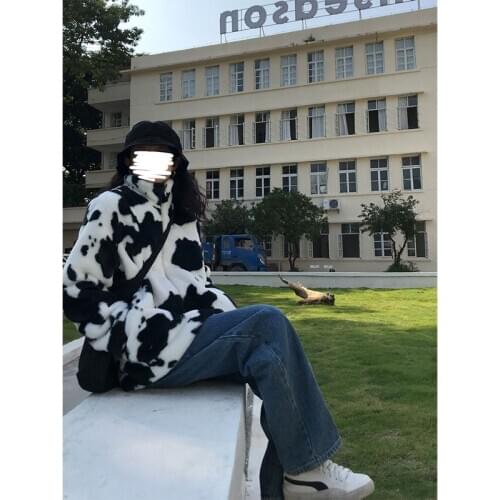 Womens Coats Winter Black White Cow Loose Female Imitate Mink-like Plush Coats Lady Trendy Jackets soft fleece college Outwear