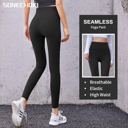 SONECHOKI Yoga Pants Women Solid Seamless Compression Leggings with Pocket Sport Gym Fitness Running Tights Workout Female