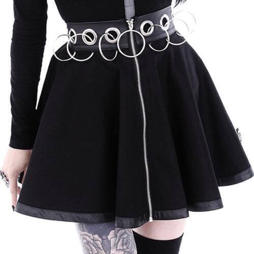 Skirts womens zipper hollow out iron ring gothic a-line mini skirt high waist black treetwear cool chic female club wear