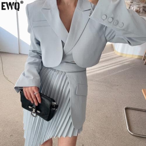 [EWQ] Korean Chic Long-sleeved Short Blazer Blue Jacket High-waist Casual Ladies Pleated Skirt Two-piece 2021spring New W630g05