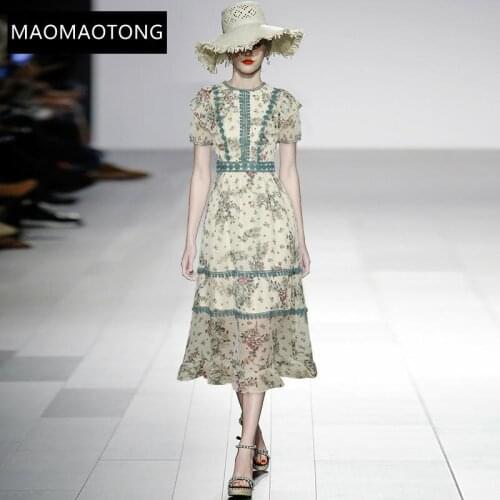 Womens Clothing Fashion Designer Dress Summer Womens Dress Short sleeve Ruffles Lace Floral-Print Chiffon Dresses