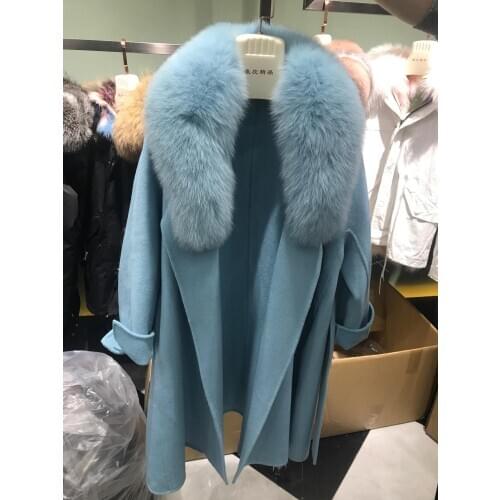 2020 Winter Thick Jacket Belt Ladies Streetwear Real Fur Coat Women Natural Fox Fur Collar Cashmere Wool Blends Long Outerwear