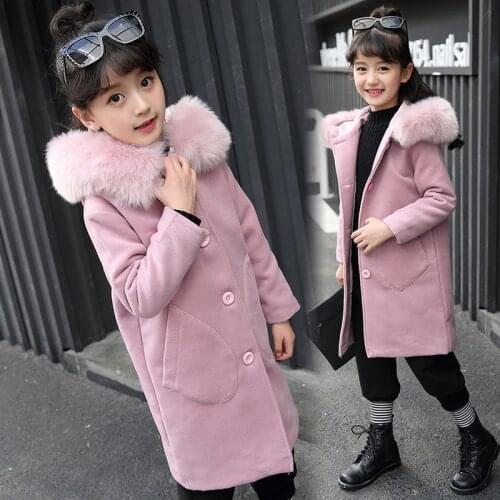 Winter Autumn Baby Woolen Blends for Girls Jackets Warm Elegant Teenage Girl Fur Collar Jackets Outerwear Lovely Girls Clothes