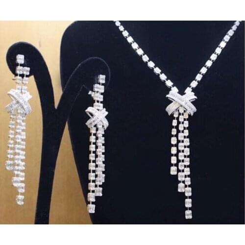 Luxury Brand AAA Cubic Zirconia Bow Knot Long Tassel Necklace Earrings 2PCS Wedding Jewelry Sets Dress Up Bridal Accessories