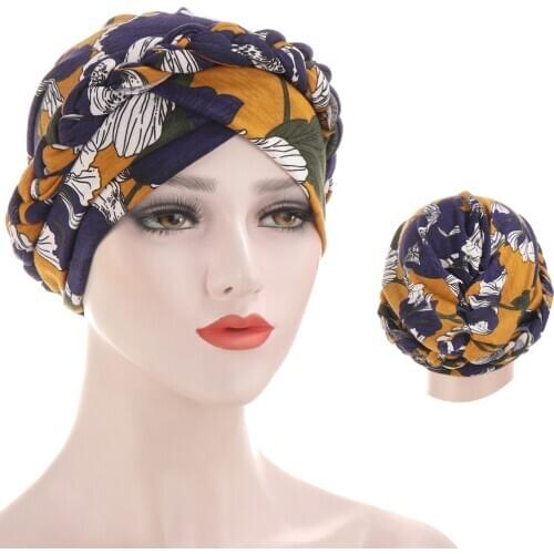 2020 flower printed braid women turban caps stretchy cotton headscarf cap cross hijab turban bonnet muslim head wraps hat