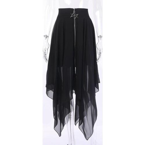 Irregular Mesh 2021 Thin Skirt Streetwear Darkness Skirt Women Gothic Star Zipper High Waist Punk Black Bodycon Skirts