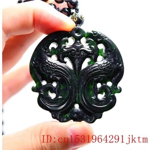 Black Green Jade Phoenix Pendant Necklace Charm Amulet Fashion Carved Double-sided Gifts Jewellery Chinese Natural