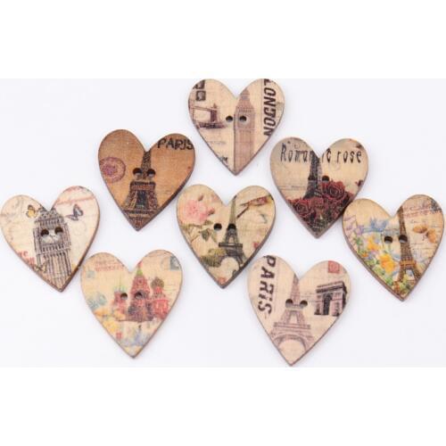 Wooden Love Heart Shape Tower Pattern Buttons 2 Holes Handmade Sewing Clothing Scrapbooking Crafts DIY 25x28mm 30pcs