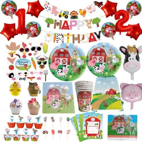 Farm Animals Party Tableware Party Decoration Supplies Plate Cup Napkin Straw Banner Favor Box Cupcake Topper Decoration For Kid