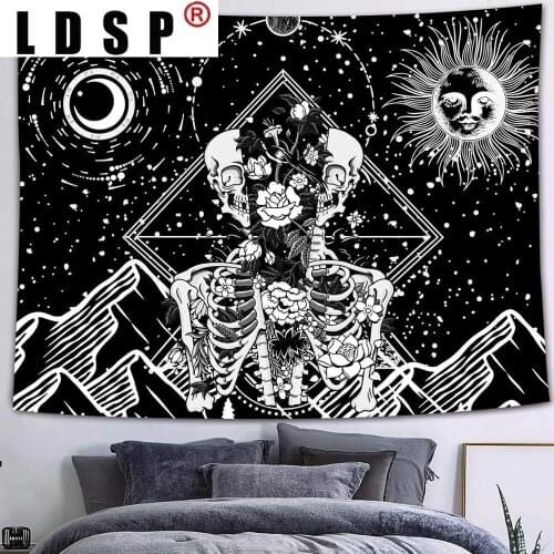 LDSP Home Decor Gothic Skull Tapestry Starry Sky Moon Stars Black And White Mountain Romantic Constellation Wall Hanging Blanket