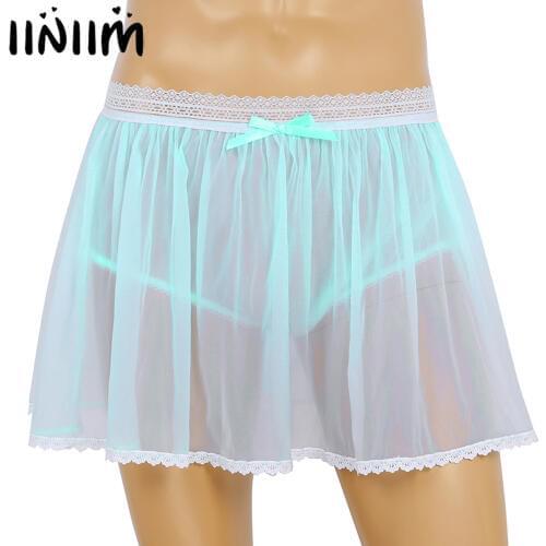Iiniim Men Adults Lingerie Sexy Babydolls Elastic Lace Waist See Through Sheer Exotic Sissy Crossdress Short Skirt Panties