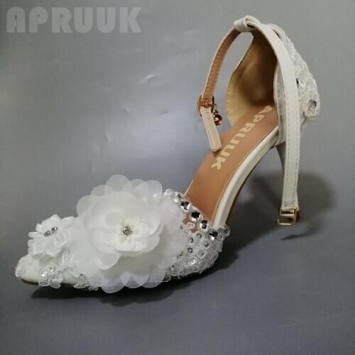 Summer wedding shoes bride white lace flower plus size ankle buckle straps point toes sexy thin heels bridal lace pump shoes