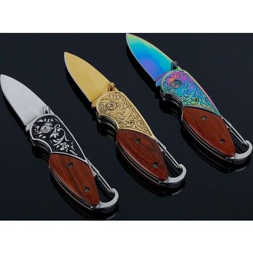 Small Folding Knife Survival Tactical Pocket Knife Steel Wood Handle Outdoor Camping Hunting Knives with Keychain EDC Multi Tool