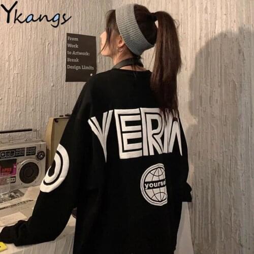 Fashion Letter Print Round Neck Pullover Knit Top Y2k Loose All-match Womens Sweater Korean Casual Ladies Long-sleeved Blouse