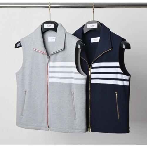 2021 Fashion TB THOM Brand Spring Autumn Vest Striped Cotton Casual Jacket Men Slim Turn Down Collar Coat Sleeveless