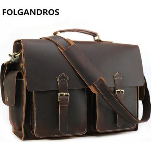 Mens Genuine Leather Briefcases For 17" Laptop Organizer Bag Vintage Style Crazy horse Leather Crossbody Shoulder Messenger Bag