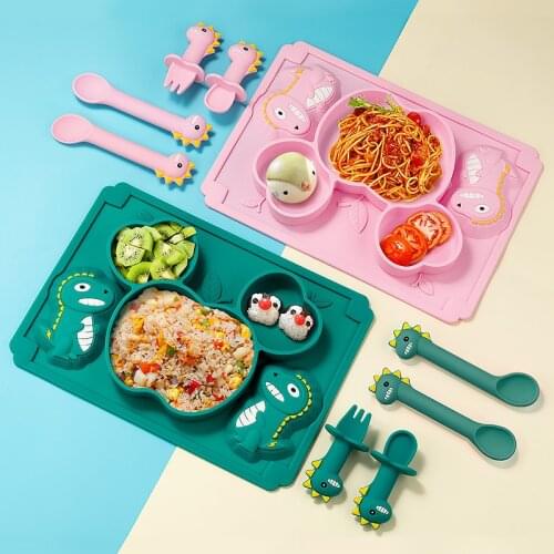 5Pc/Set Baby Dinner Plate Food Grade Silicone Tableware Anti-Drop Cartoon Food Supplement Plate Non-Slip Feeding Bowl Spoon Fork