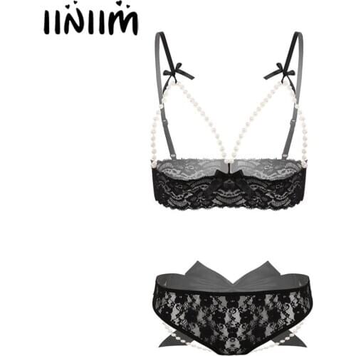 New Womens Femme Erotic Clubwear Sexy Nipples Hole Lace Lingerie Set Open Cups Underwired Bra Top with Garter Crotchles Briefs