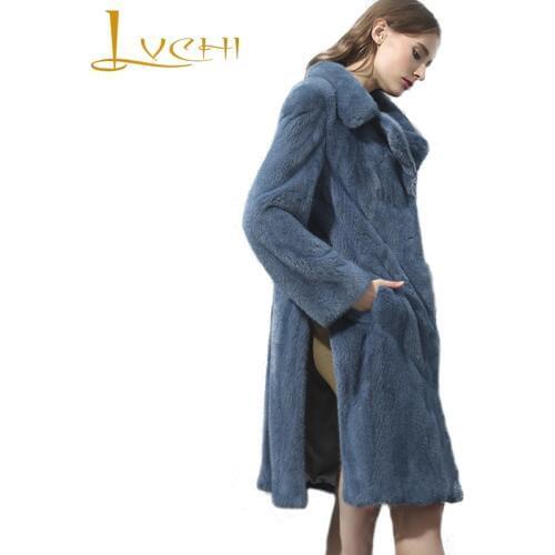 LVCHI Winter 2019 Import Mink Fur Coats Womens Full Sleeve Mink Coat Full Pelt Turn-Down Collar Causal Long Slim Mink Fur Coats