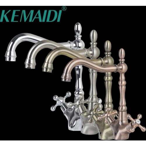 KEMAIDI Bathroom Faucet Solid Brass Hot And Cold MixerAntique Copper Faucets Mixers &Taps Swivel Water Tap Dual Handles