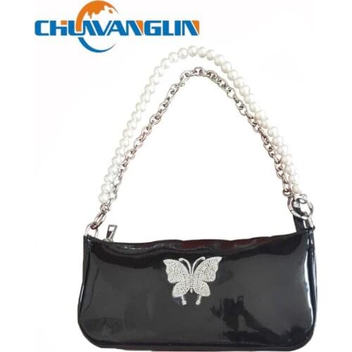Chuwanglin Womens bag Pearl Patent Small Zipper Girl Messenger Shoulder bag Chain Baguette Female Vintage Cute bag 5041427