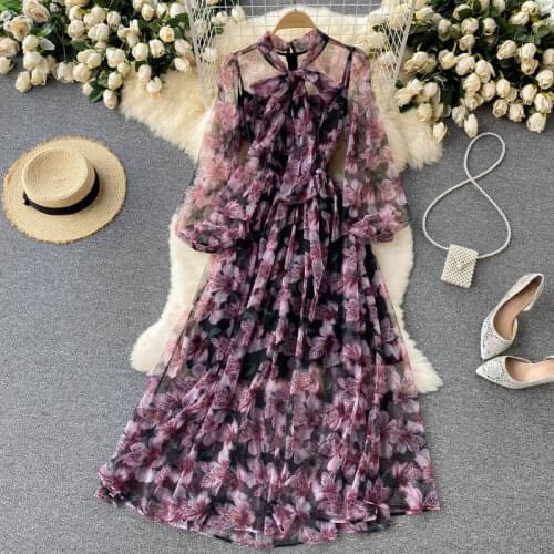 SINGREINY Elegant French Print Maxi Dress Women Bow Collar Puff Sleeve A-line Dress Summer Casual Vacation Long Chiffon Sundress