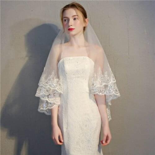 2019 New Women Wedding Accessories White/Ivory Applique Veil Layers Tulle Lace Edge Bridal Veils With Comb velos de novia