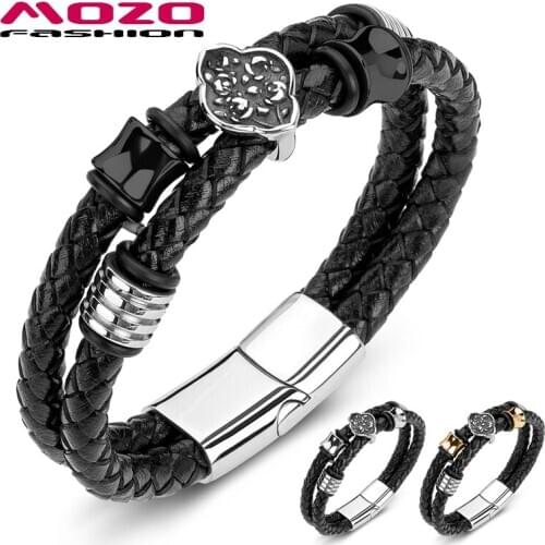 2020 Male Bracelet Braided Leather Rope Chain Stainless Steel Four Leaf Flower Bangle Hot Punk Jewelry