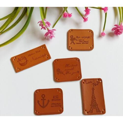 5PCS Assorted 5 design Zakka DIY Embossed Handmade PU leather labels/patches for Tailor Craft Bag purse Sewing Accessories