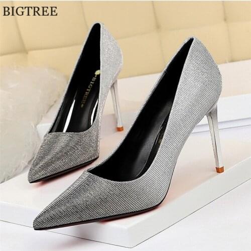 BIGTREE Shoes Fashion 9cm High Heels Sequined Cloth Women Pumps Spring Autumn Pointed Toe Sexy Party Stiletto Office Ladies Shoe