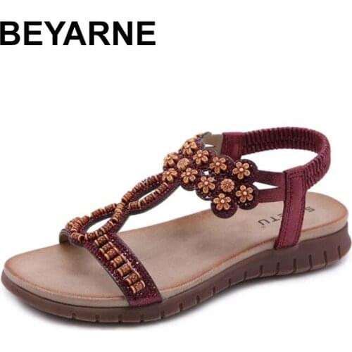 BEYARNE Women Sandals Bohemian Summer Sandals Rhinestone Lady Shoes Wooden Beads Beach Shoes Fashion Footwears Zapatos Mujer