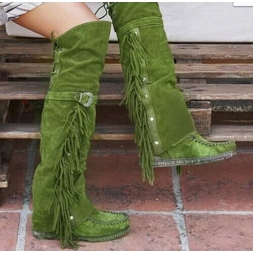 Vogue Fashion Bohemian Boho Heel Boot Ethnic Women Tassel Fringe Faux Suede Leather Hight Boots Woman Girl Flat Long Booties