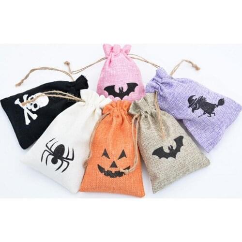 Burlap Bags Jute Drawstrings Candy Pouch Gift Wrap Halloween Treat Bag Witch Ghost Spider Jack Print Party Decor 300pcs