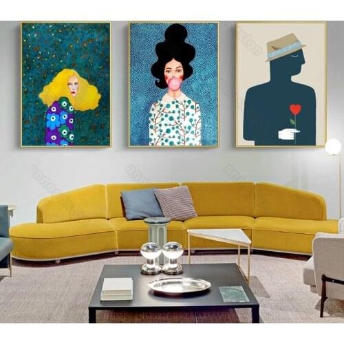 Art Collection Canvas Painting Poster and Print Abstract Colorful Girls Yellow Black Red Hairs for Home Rooms Wall Decoration