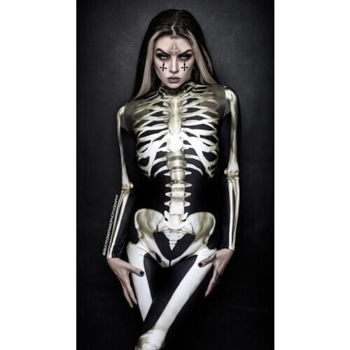 Skeleton Jumpsuit Halloween Costumes for Women Adult Scary Cosplay Bodycon Carnival Party Streetwear Sexy Tight Outfit Horror