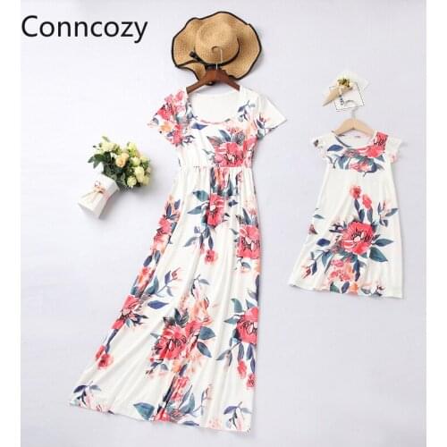 Summer Parent-child Short-sleeve Dress White Flower Print Mother and Womens Clothing Mommy and Daughter Dresses Boho Long Tunic