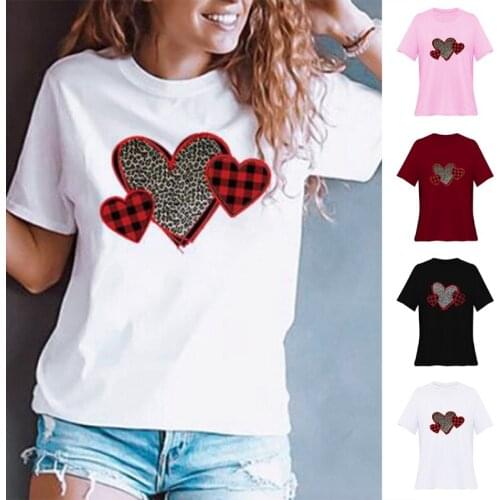 Hot Kf-Womens Leopard Plaid Love Heart Print Valentines Day Short Sleeve T-Shirt Top