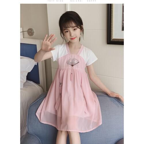 Fashion Explosion Chinese style Hanfu girls cotton mosaic dress summer new childrens princess dress big childrens dress