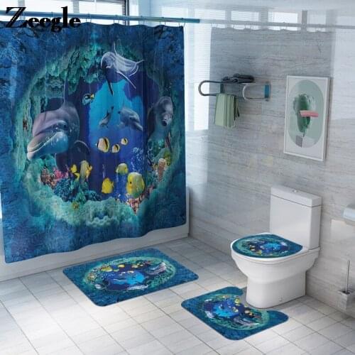 Ocean World Pattern Home Decor Bath Mat Set with Shower Curtain Toilet Carpet Rug Anti-slip Floor Pad Bathroom Carpet Rug