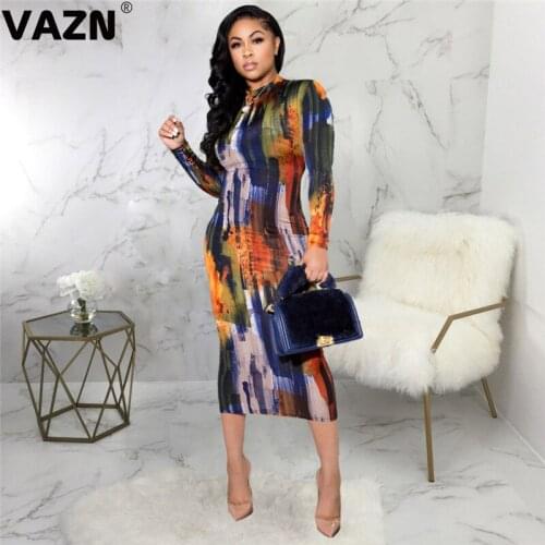 VAZN New 2021 Colorful Print Banquet Party Women Elegant Fashion Maxi Dress Slim Dress Club Birthday Shinny Dress
