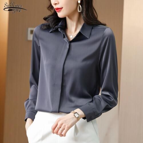New Spring Turn-down Collar Satin Loose Sihrts Blouses Casual Women Silk Blouse Shirt Solid Office Plus Size Ladies Tops 12793