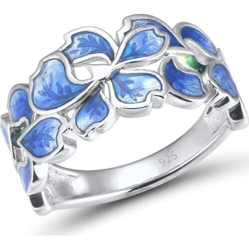 New Trendy Luxury S925 Silver Rings for Women Blue Enamel Flower CZ Temperament Elegant Wedding Band Ring Fine Jewelry Gift