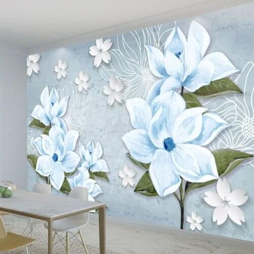 Custom 3D Wall Mural Blue Flower Hand Painted European Style Retro Stereo 3D Living Room Background Wallpaper Papel De Parede 3D