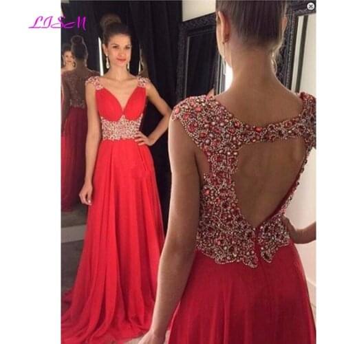 V-Neck Long Prom Dresses Sleeveless Open Back Sweep Train Chiffon Evening Dress A-Line Crystals Formal Party Gowns