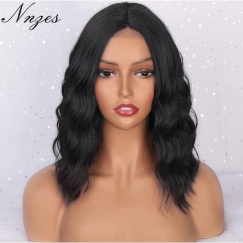 NNZES Synthetic Wig Short Black Wave Bob 14 Inches Wig for Black Women Middle Part Black Red Blue Wigs