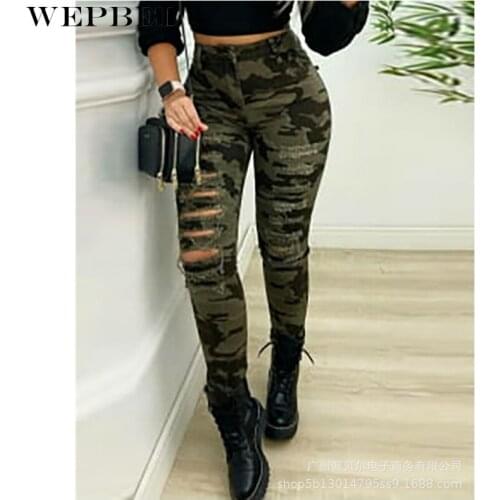 WEPBEL Fashion Camouflage High Waist Hole Pants Womens Casual Skinny Pants Pencil Trousers