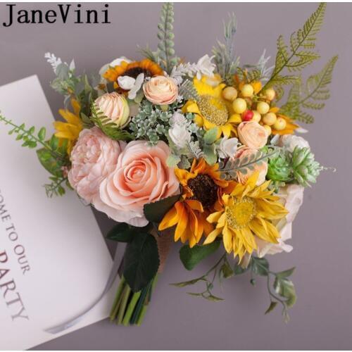 JaneVini Yellow Bride Wedding Flowers Bridal Bouquets Artificial Sunflower Silk Rose Bridesmaid Brooches Bouquet Fleur 2019 New