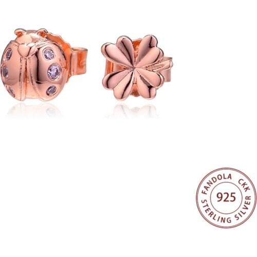 Authentic 925 Sterling Silver Rose Four-Leaf Clover and Ladybird Stud Earrings for Women Earings Fashion Jewelry brinco
